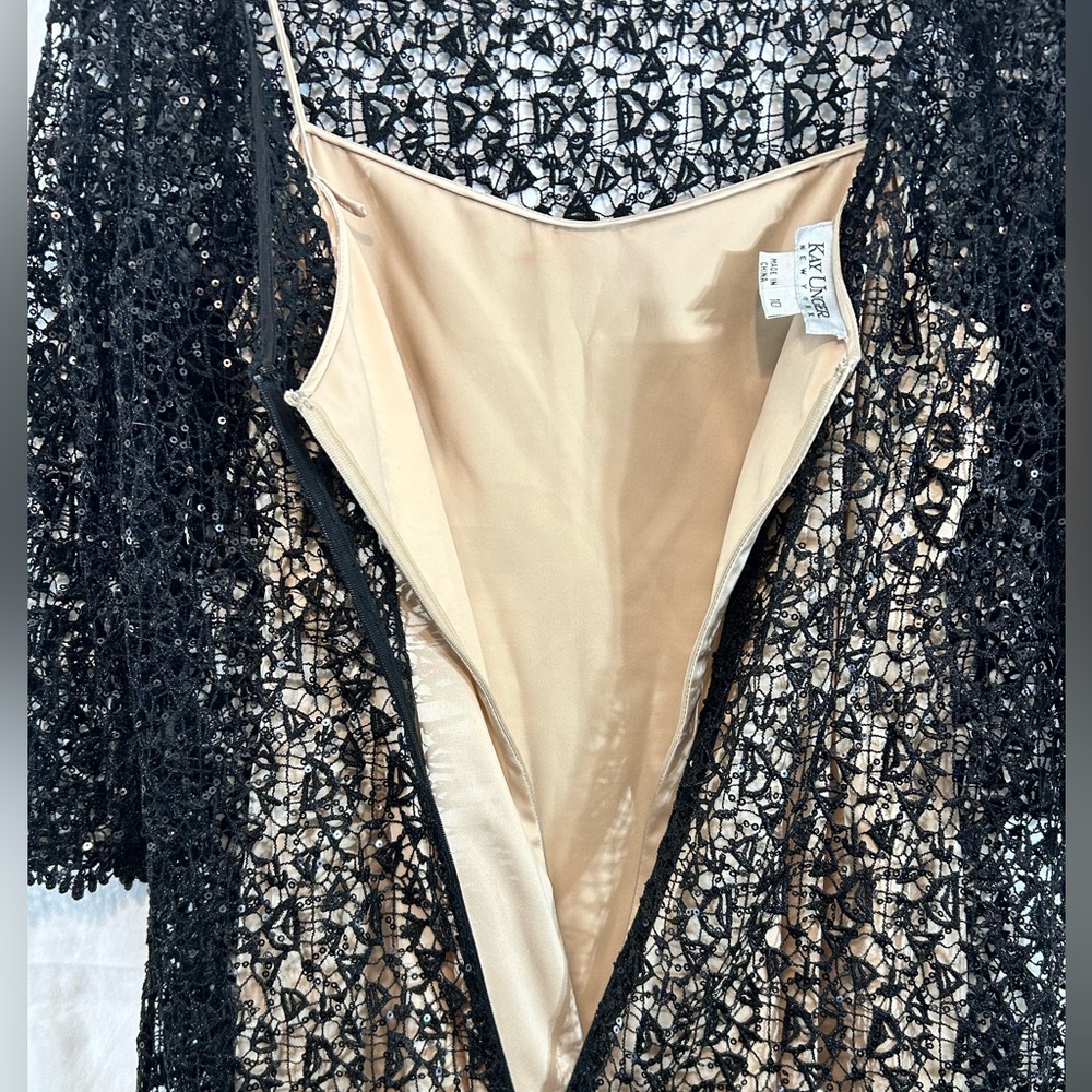 Kay Unger Black and Beige Cocktail Dress Black Lace/Tiny Sequins Size 10 - Picture 8 of 13